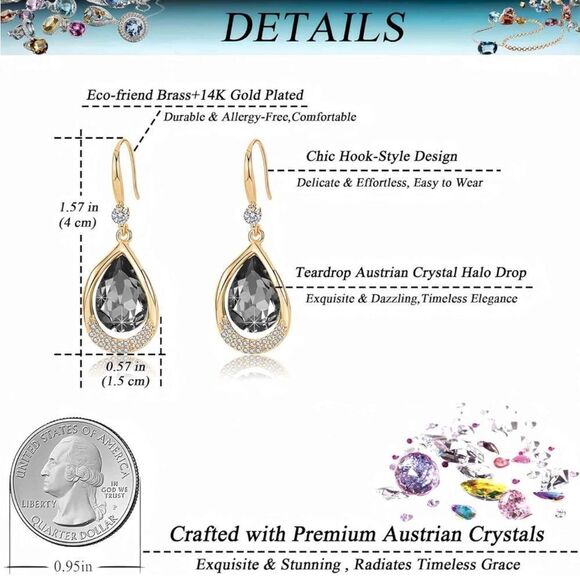 14K Yellow Gold with Charcoal Gray Austrian Crystal Twisted  14K Yellow Gold and Charcoal Gray Austrian Crystal Teardrop Halo Hook Earrings